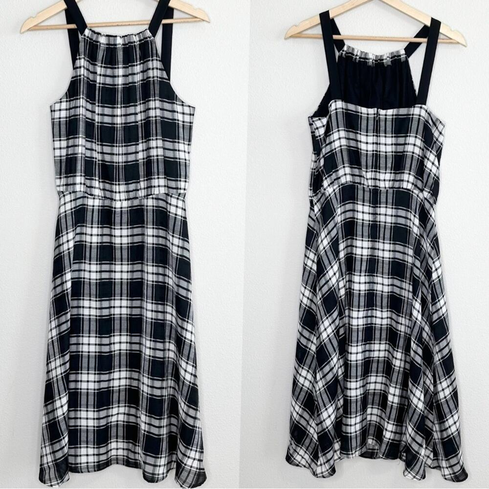 NWT CUE City Black White Plaid Check Halter Neck Fit & Flare Midi Dress Size 10